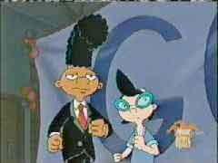 Gerald (whose distinct hairdo has slightly drooped down) and Phoebe dressed up for a school dance...the banner says "GOTCHA", by the way